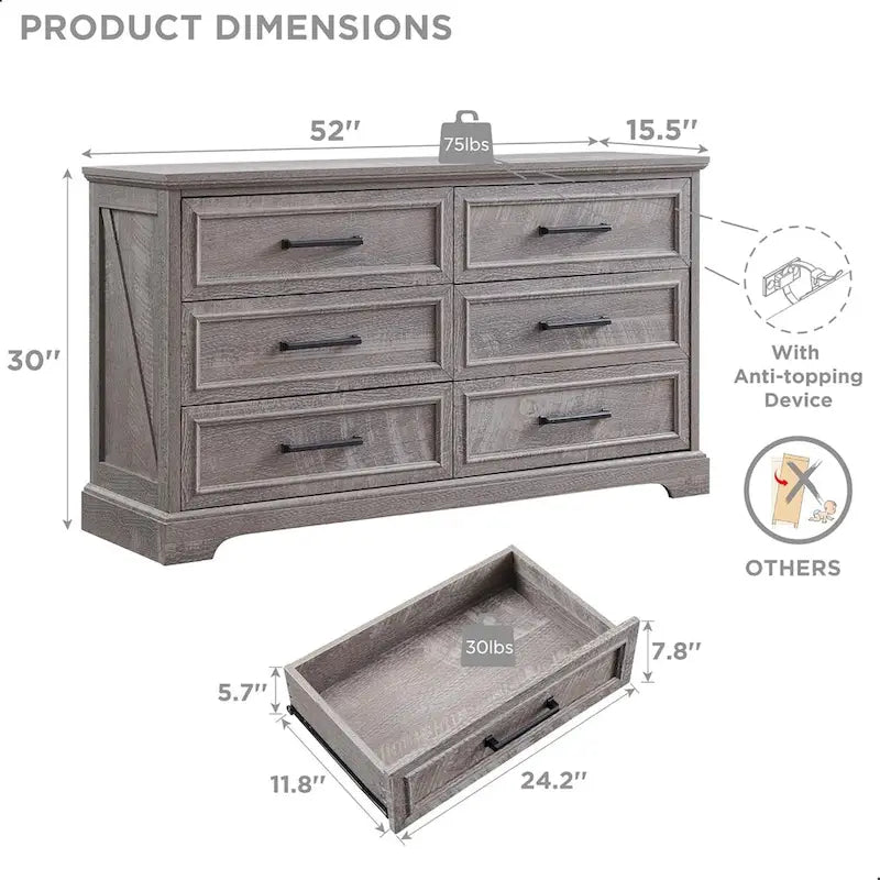 Commode de chambre à 6 tiroirs style ferme, meuble de rangement, meuble TV