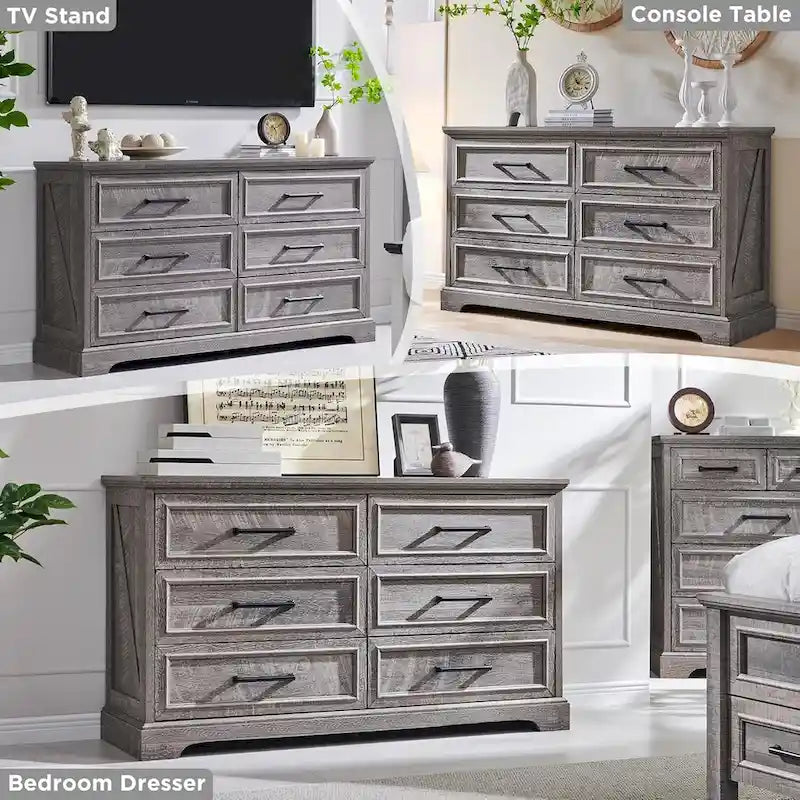 Commode de chambre à 6 tiroirs style ferme, meuble de rangement, meuble TV