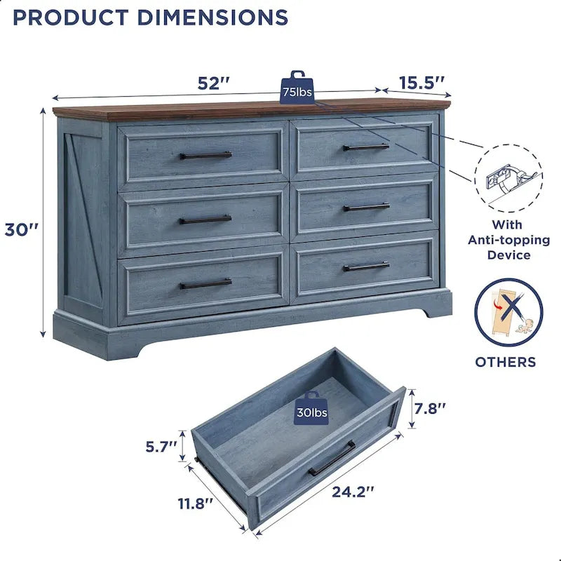 Commode de chambre à 6 tiroirs style ferme, meuble de rangement, meuble TV