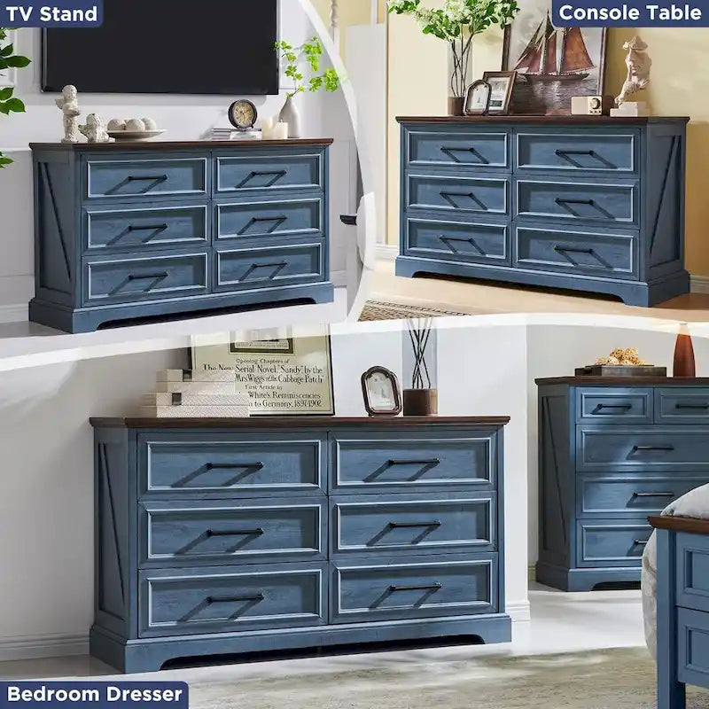 Commode de chambre à 6 tiroirs style ferme, meuble de rangement, meuble TV