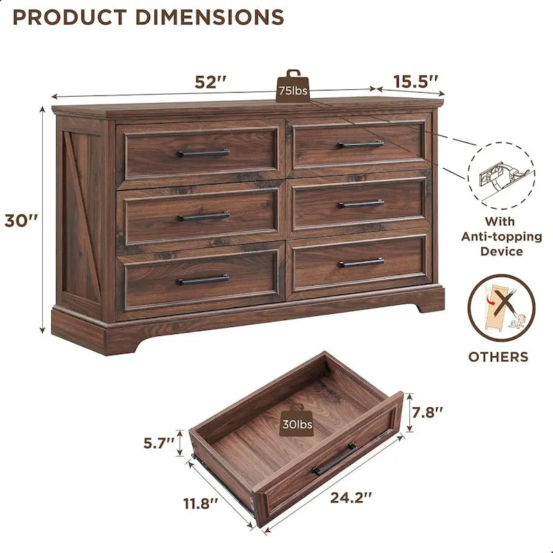 Commode de chambre à 6 tiroirs style ferme, meuble de rangement, meuble TV