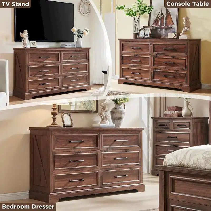 Commode de chambre à 6 tiroirs style ferme, meuble de rangement, meuble TV