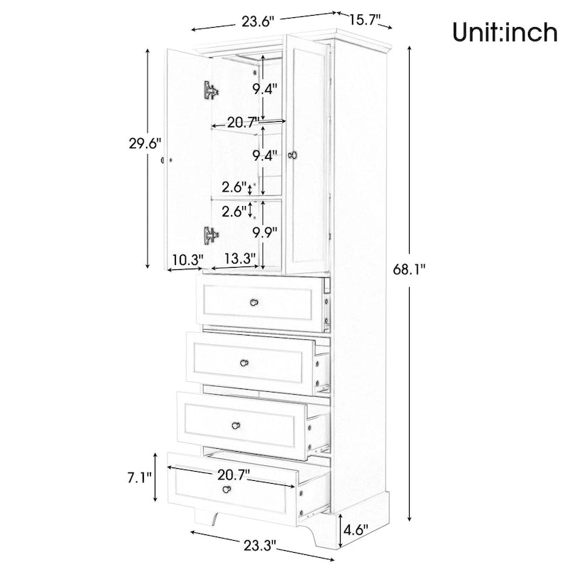 Armoire de rangement à 2 portes et 4 tiroirs pour salle de bain ou bureau