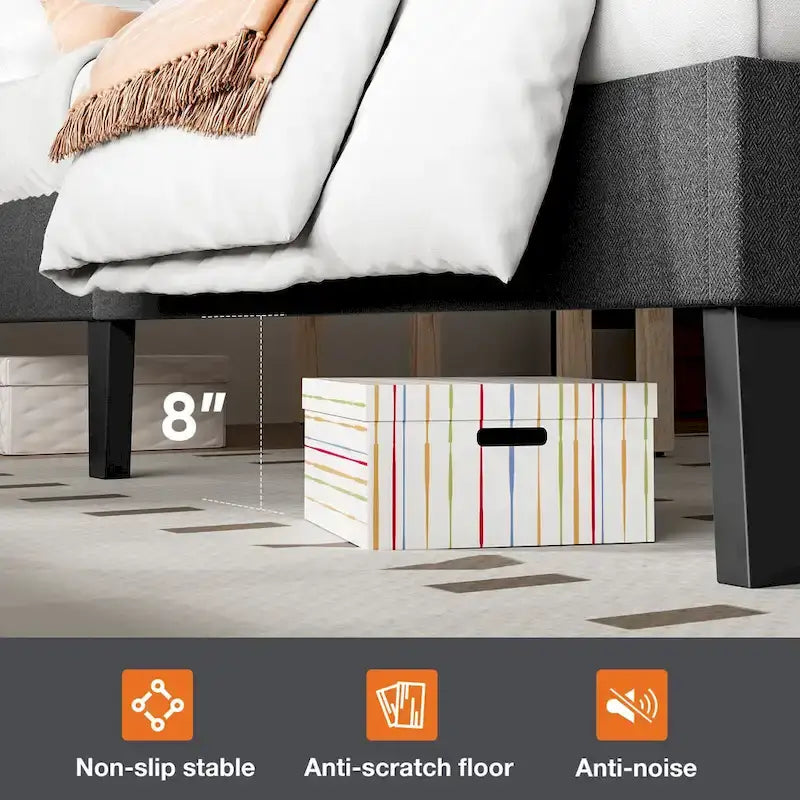 Lit plateforme en lin gris foncé, format grand lit, avec tête de lit réglable et support de lattes en bois massif