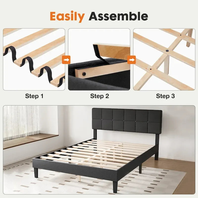 Lit plateforme en lin gris foncé, format grand lit, avec tête de lit réglable et support de lattes en bois massif
