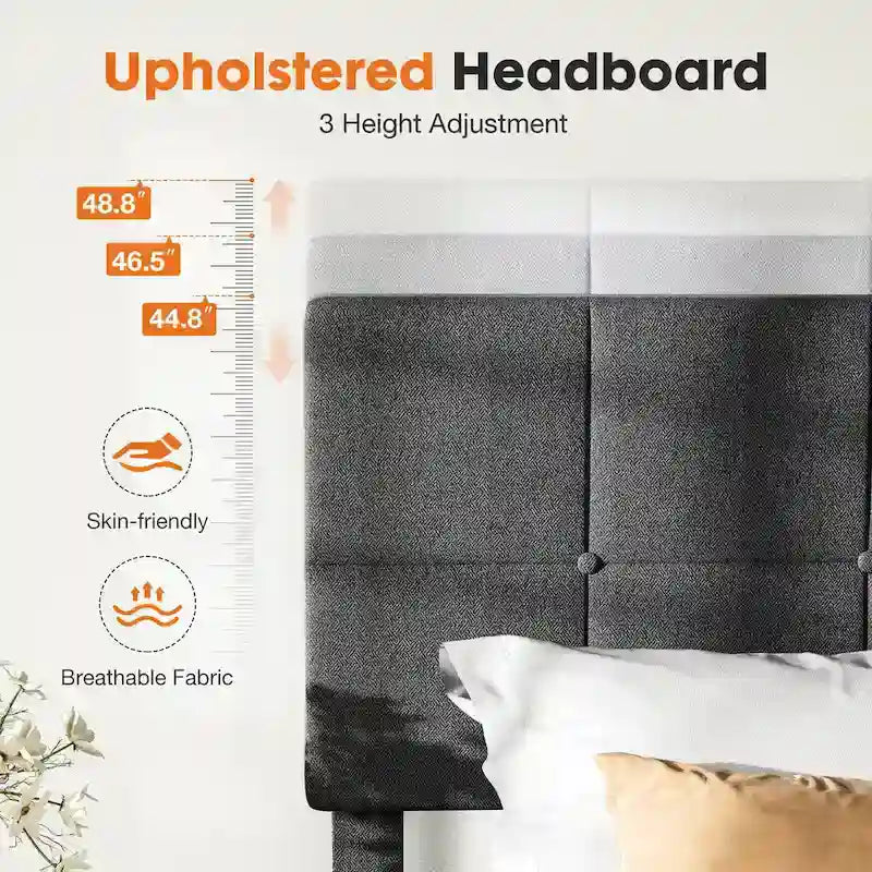 Lit plateforme en lin gris foncé, format grand lit, avec tête de lit réglable et support de lattes en bois massif