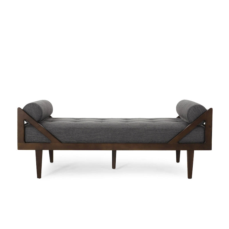 Chaise longue capitonnée moderne 65 en charbon de bois avec design en bois courbé et coussins décoratifs cylindriques