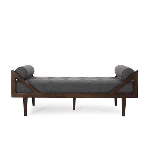 Chaise longue capitonnée moderne 65 en charbon de bois avec design en bois courbé et coussins décoratifs cylindriques