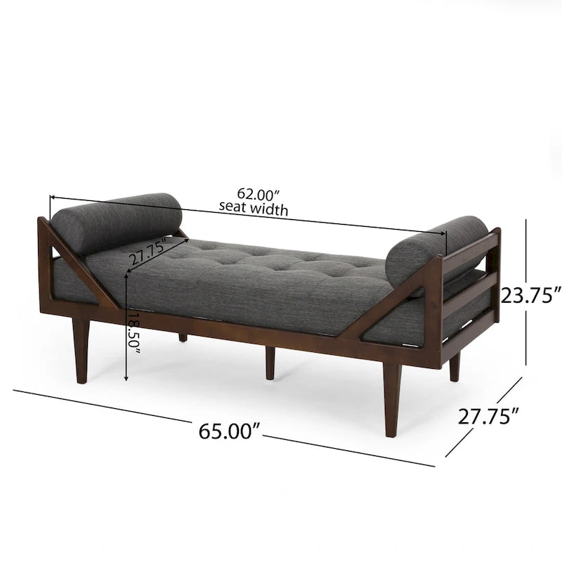 Chaise longue capitonnée moderne 65 en charbon de bois avec design en bois courbé et coussins décoratifs cylindriques