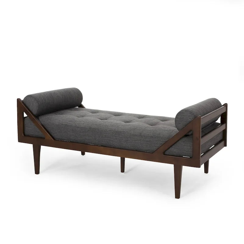 Chaise longue capitonnée moderne 65 en charbon de bois avec design en bois courbé et coussins décoratifs cylindriques