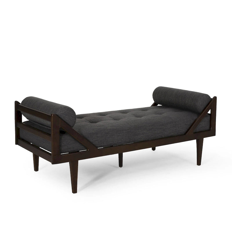 Chaise longue capitonnée moderne 65 en charbon de bois avec design en bois courbé et coussins décoratifs cylindriques