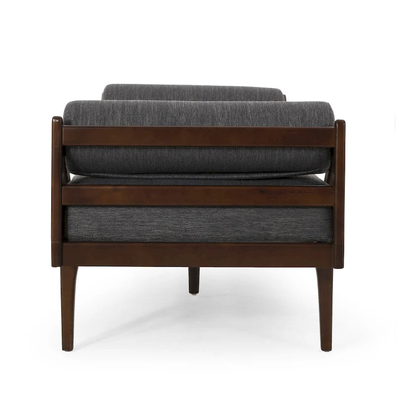 Chaise longue capitonnée moderne 65 en charbon de bois avec design en bois courbé et coussins décoratifs cylindriques