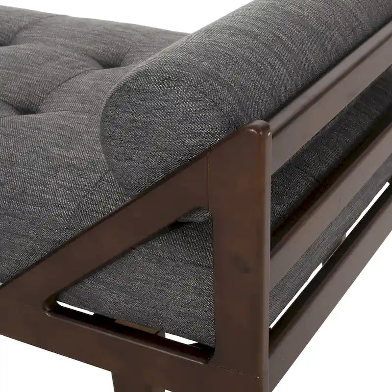 Chaise longue capitonnée moderne 65 en charbon de bois avec design en bois courbé et coussins décoratifs cylindriques