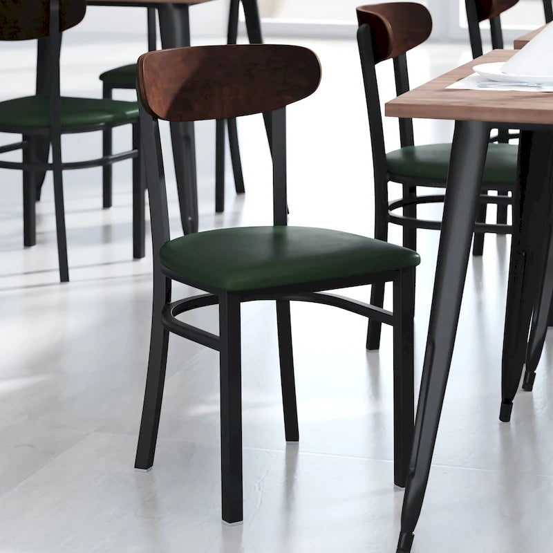 Chaise de salle à manger commerciale en métal avec assise en bois et dossier boomerang