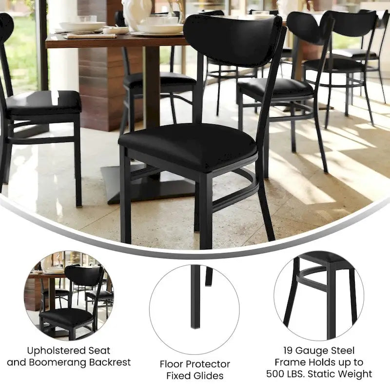 Chaise de salle à manger commerciale en métal avec assise en bois et dossier boomerang
