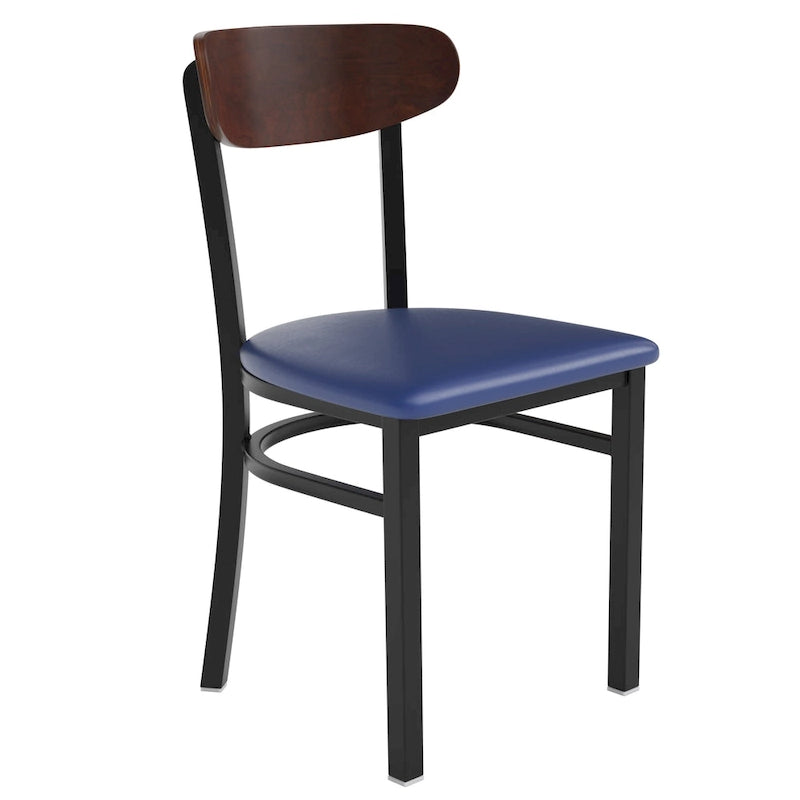 Chaise de salle à manger commerciale en métal avec assise en bois et dossier boomerang