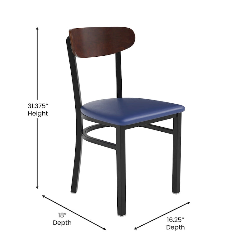 Chaise de salle à manger commerciale en métal avec assise en bois et dossier boomerang