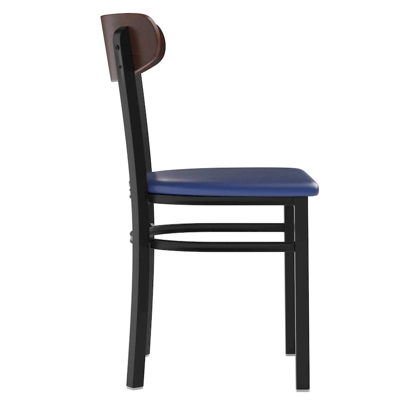 Chaise de salle à manger commerciale en métal avec assise en bois et dossier boomerang