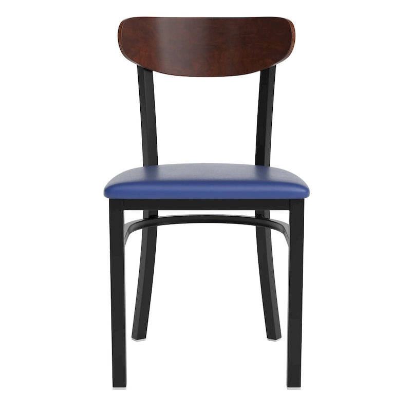 Chaise de salle à manger commerciale en métal avec assise en bois et dossier boomerang