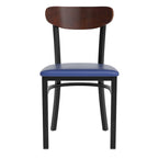 Chaise de salle à manger commerciale en métal avec assise en bois et dossier boomerang
