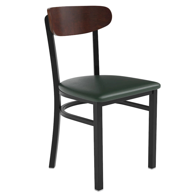 Chaise de salle à manger commerciale en métal avec assise en bois et dossier boomerang