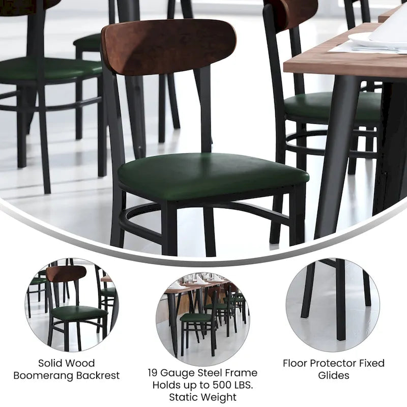 Chaise de salle à manger commerciale en métal avec assise en bois et dossier boomerang