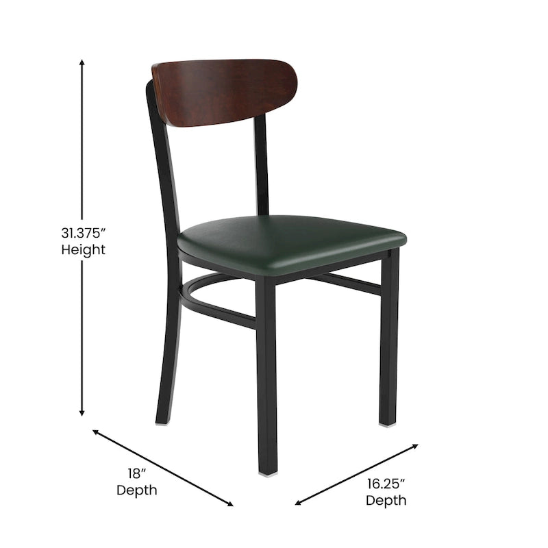Chaise de salle à manger commerciale en métal avec assise en bois et dossier boomerang