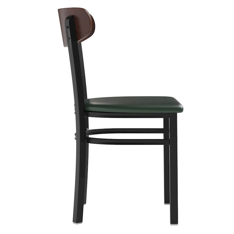 Chaise de salle à manger commerciale en métal avec assise en bois et dossier boomerang