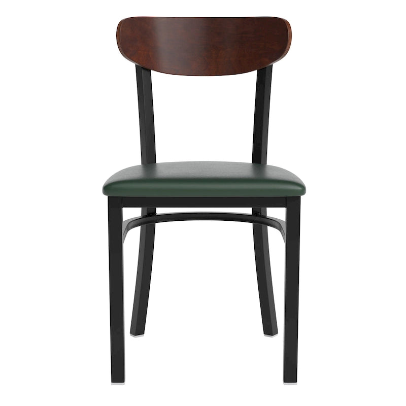 Chaise de salle à manger commerciale en métal avec assise en bois et dossier boomerang