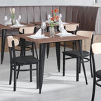 Chaise de salle à manger commerciale en métal avec assise en bois et dossier boomerang