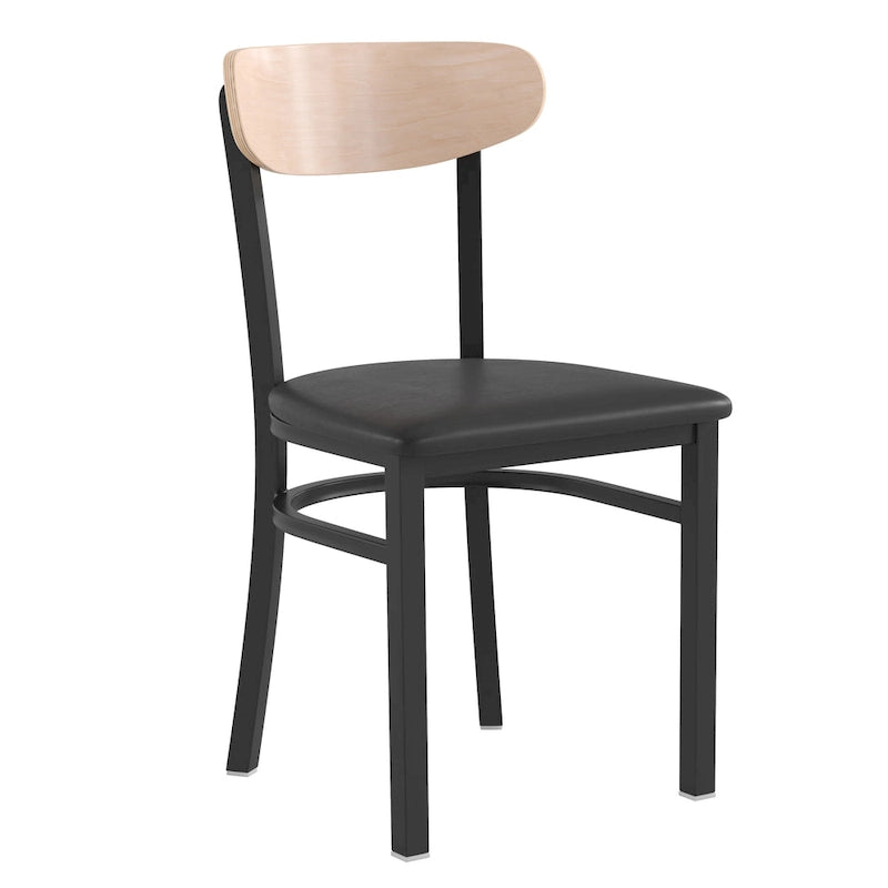 Chaise de salle à manger commerciale en métal avec assise en bois et dossier boomerang