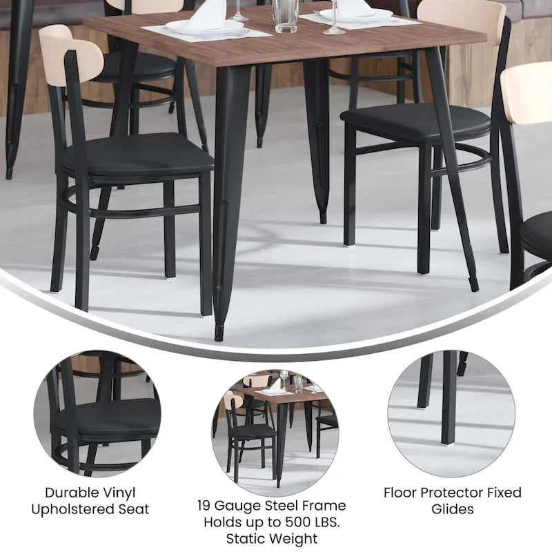 Chaise de salle à manger commerciale en métal avec assise en bois et dossier boomerang