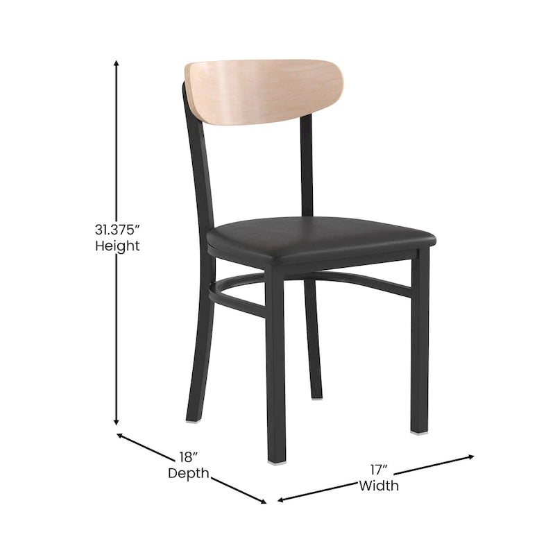 Chaise de salle à manger commerciale en métal avec assise en bois et dossier boomerang