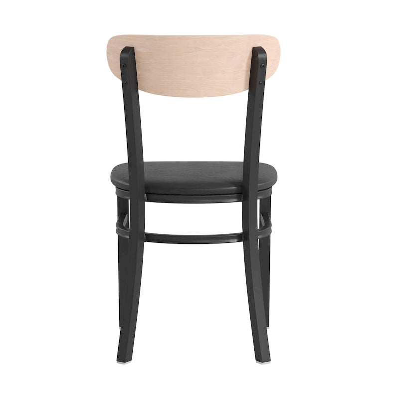 Chaise de salle à manger commerciale en métal avec assise en bois et dossier boomerang