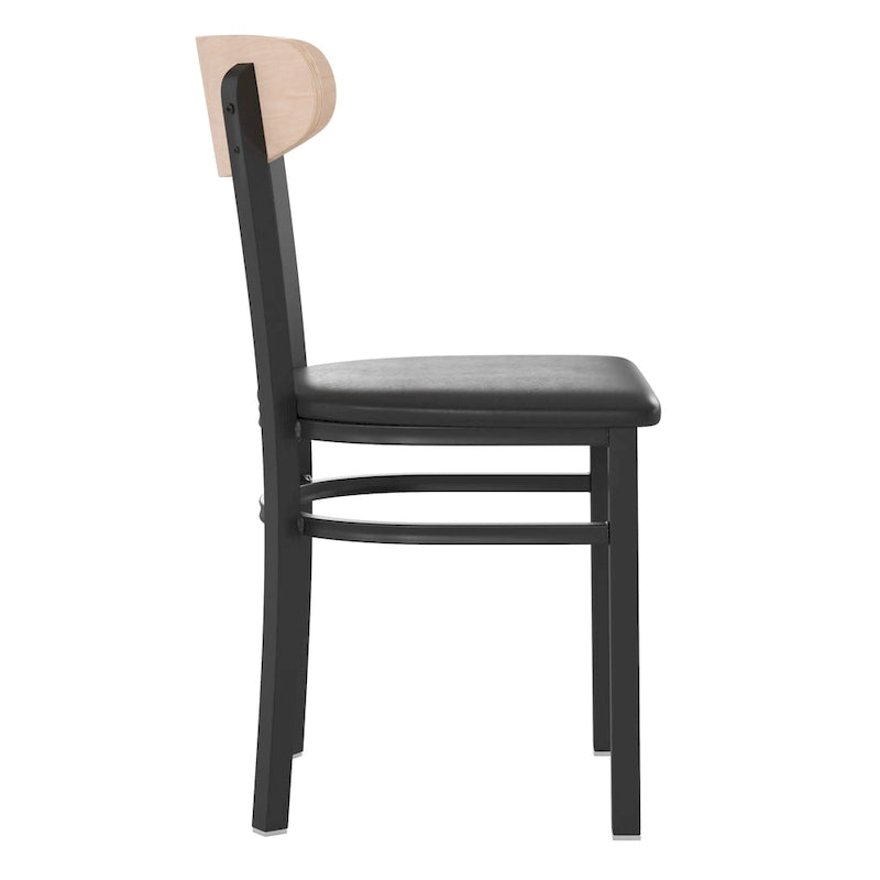 Chaise de salle à manger commerciale en métal avec assise en bois et dossier boomerang