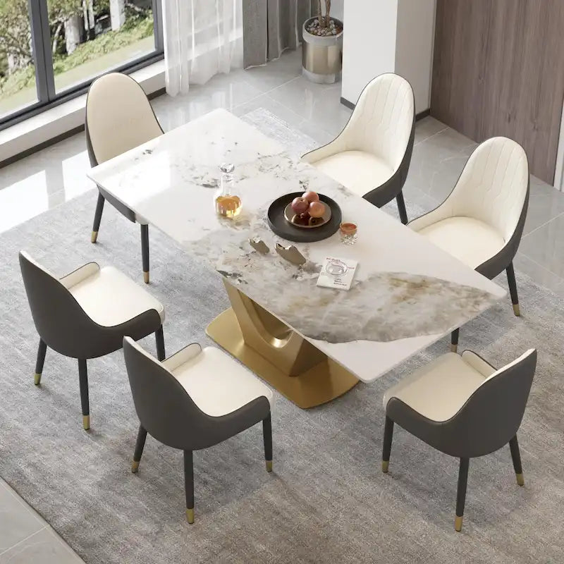 Table à manger moderne en marbre avec piédestal en V, table de cuisine en ardoise