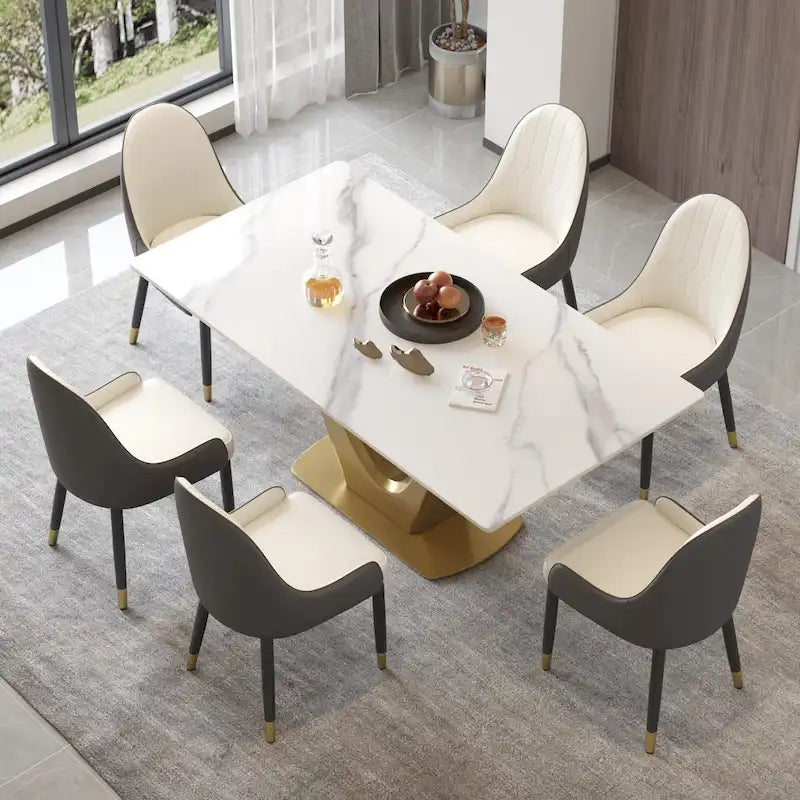 Table à manger moderne en marbre avec piédestal en V, table de cuisine en ardoise