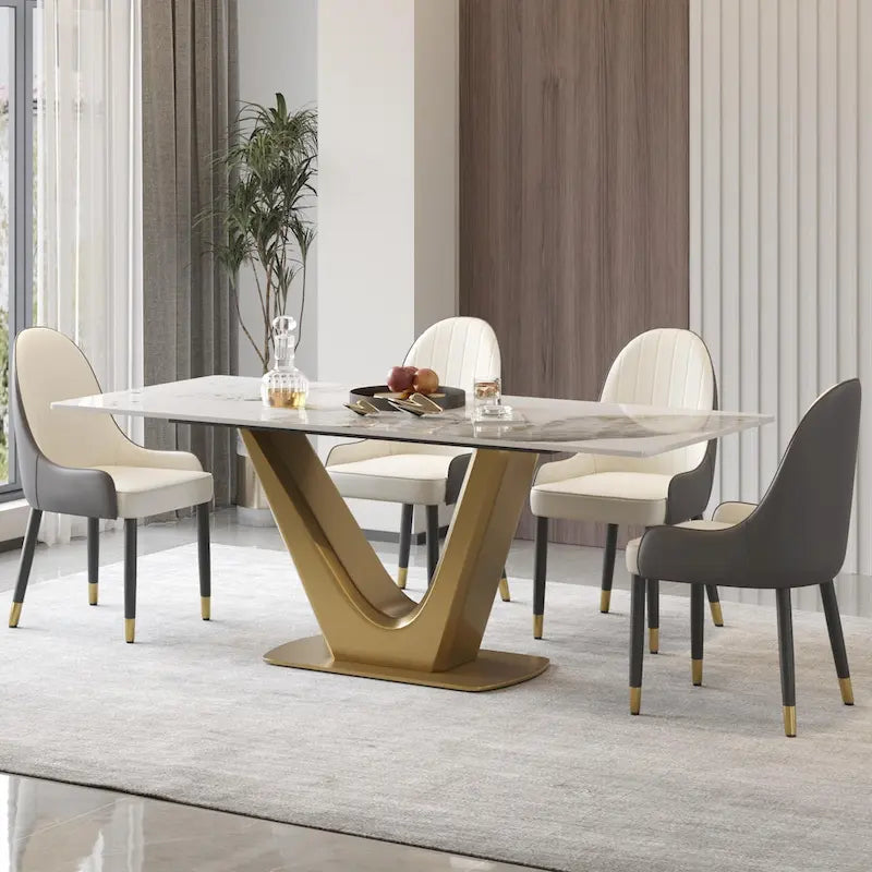 Table à manger moderne en marbre avec piédestal en V, table de cuisine en ardoise