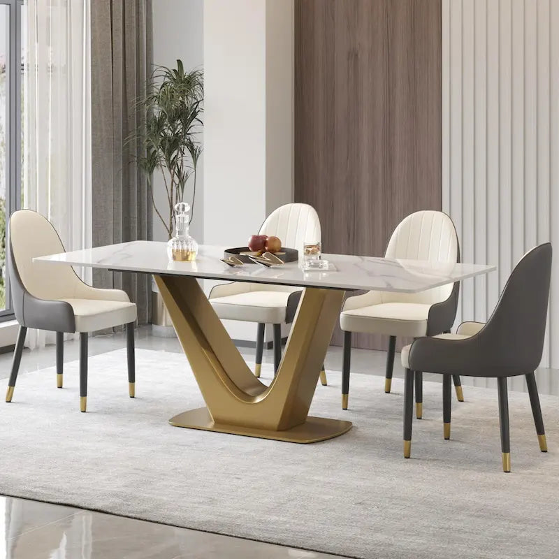 Table à manger moderne en marbre avec piédestal en V, table de cuisine en ardoise