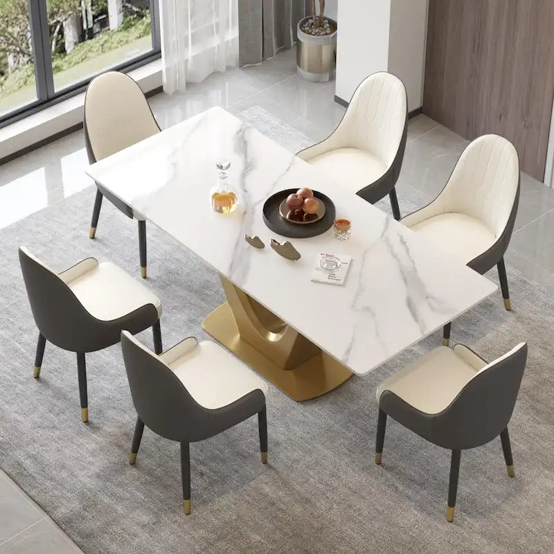 Table à manger moderne en marbre avec piédestal en V, table de cuisine en ardoise