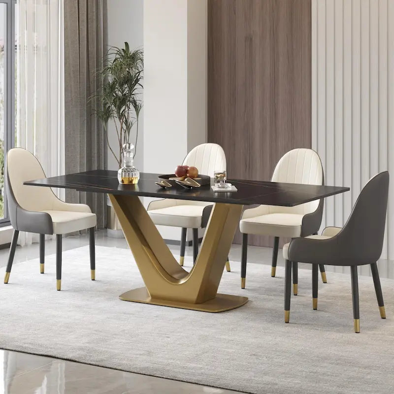 Table à manger moderne en marbre avec piédestal en V, table de cuisine en ardoise