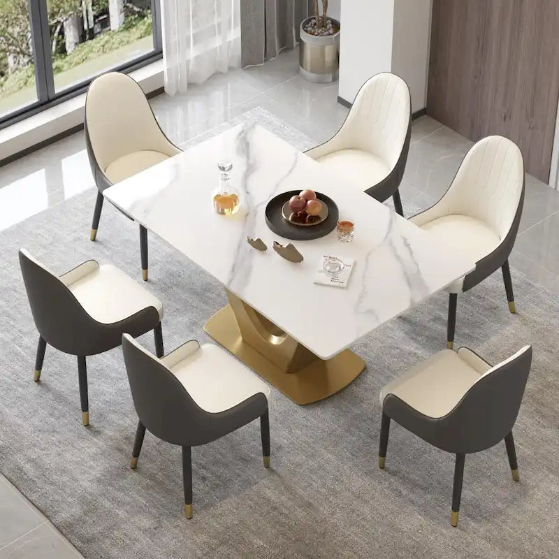 Table à manger moderne en marbre avec piédestal en V, table de cuisine en ardoise