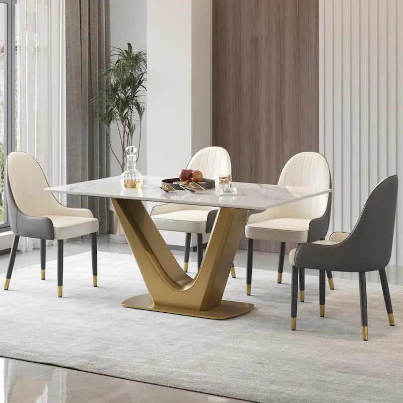 Table à manger moderne en marbre avec piédestal en V, table de cuisine en ardoise