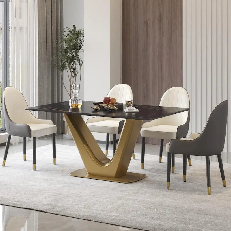 Table à manger moderne en marbre avec piédestal en V, table de cuisine en ardoise