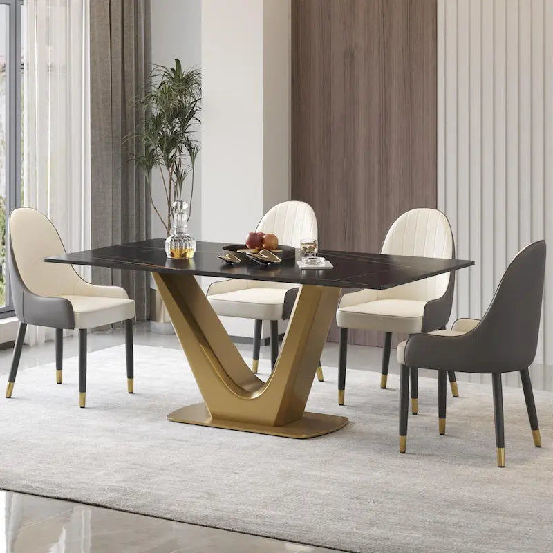 Table à manger moderne en marbre avec piédestal en V, table de cuisine en ardoise