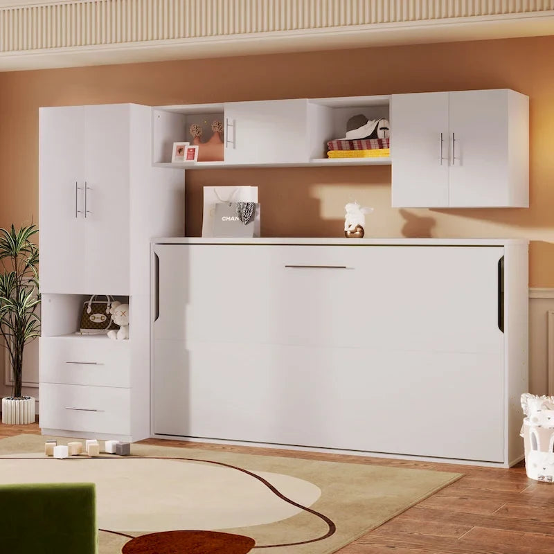 Lit escamotable double avec étagères ouvertes et tiroirs de rangement, armoire intégrée et table, blanc