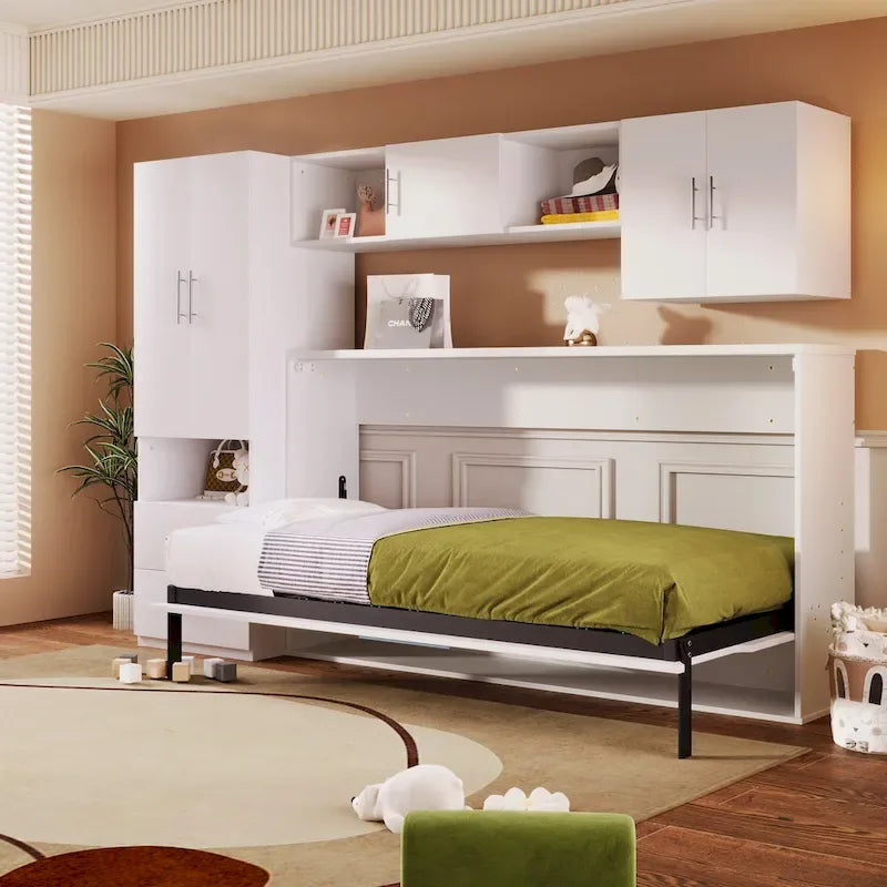 Lit escamotable double avec étagères ouvertes et tiroirs de rangement, armoire intégrée et table, blanc
