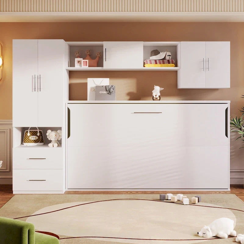 Lit escamotable double avec étagères ouvertes et tiroirs de rangement, armoire intégrée et table, blanc