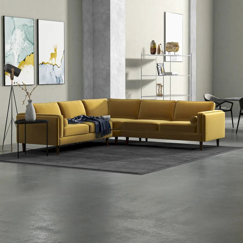 Canapé d'angle symétrique en velours doré Flavio Mid-Century avec coussins de dossier