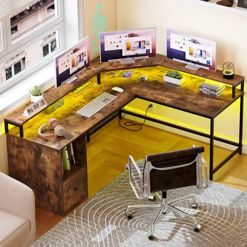 Bureau de jeu en L de 66 pouces avec étagères et support d'écran, bureau à domicile